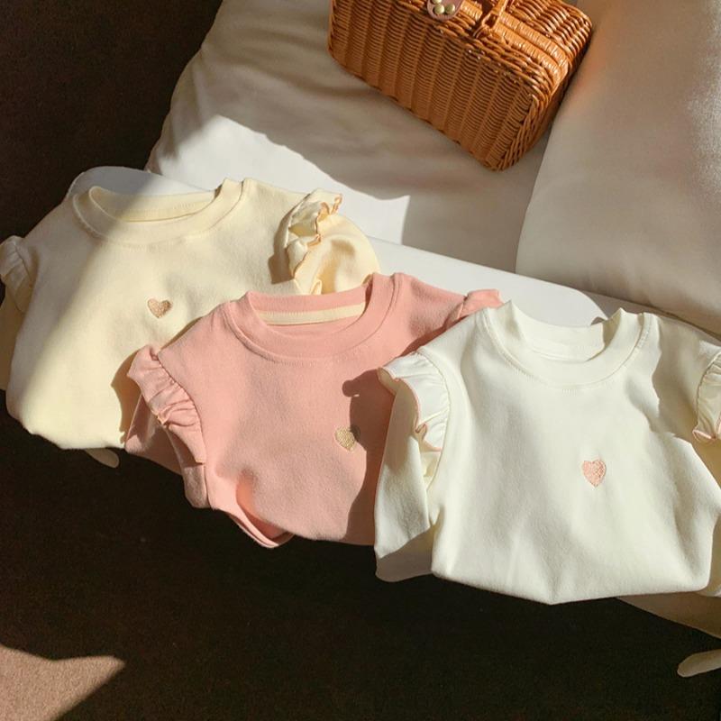 Spring and Autumn Girls'  Cotton Base Shirt Love Embroidered Long Sleeve T-Shirt Clothes