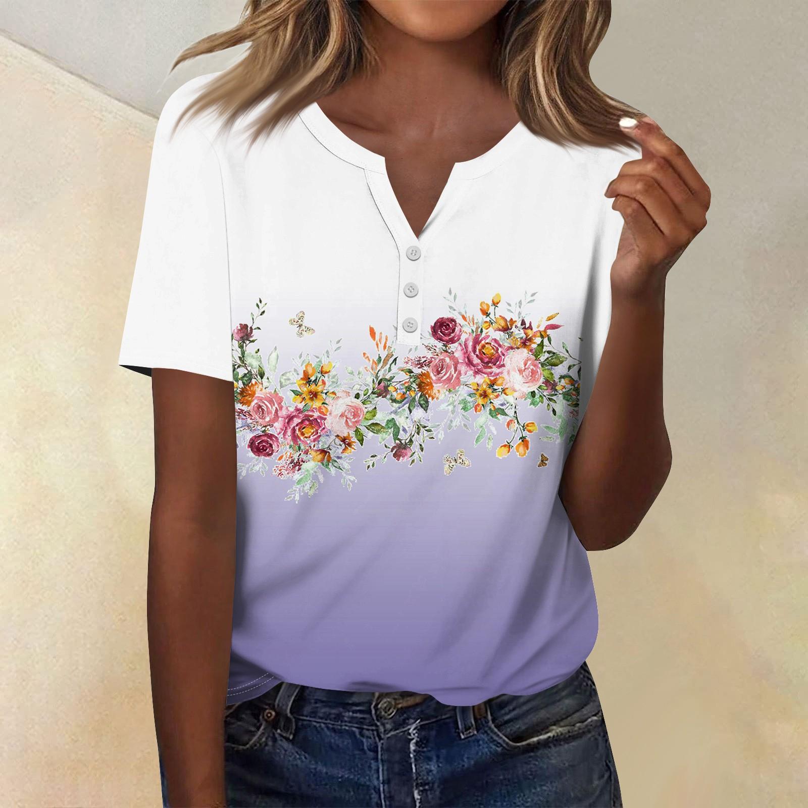 

Женская мода повседневный топ с коротким рукавом и цветочным принтом L