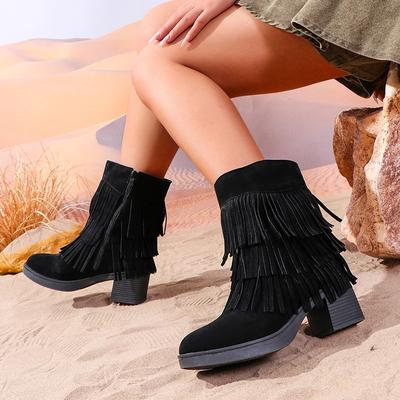 Fringe Suede Chunky Shoes Women High Heels Ankle Boots  Trend Winter Fashion Fur Snow Boots Warm Western Botas Mujer Pumps