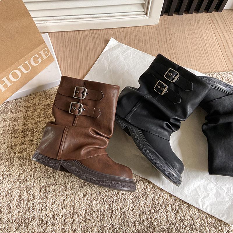 New Autumn and Winter Martin Boots Women's Maillard Platform Heightening Short Locomotive Slack Wrinkled Stack Boots