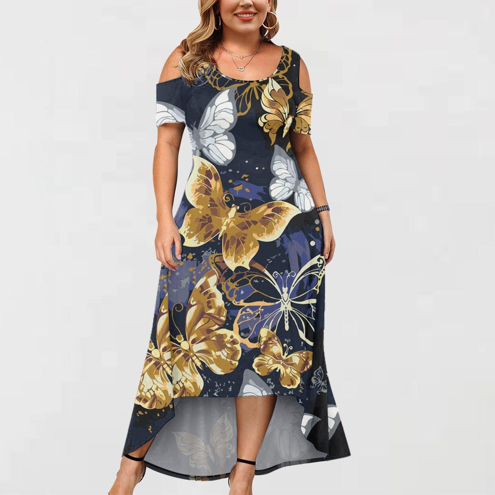 

Плюс размер женское модное платье с короткими рукавами и круглым вырезом с открытыми плечами и нерегулярным подолом XXL золотой