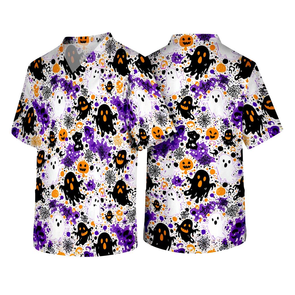 Men's V Neck Short Sleeve Halloween Print Medical Scrub Top with Chest Pocket and Two Lower Pockets Suitable for Healthcare Professionals