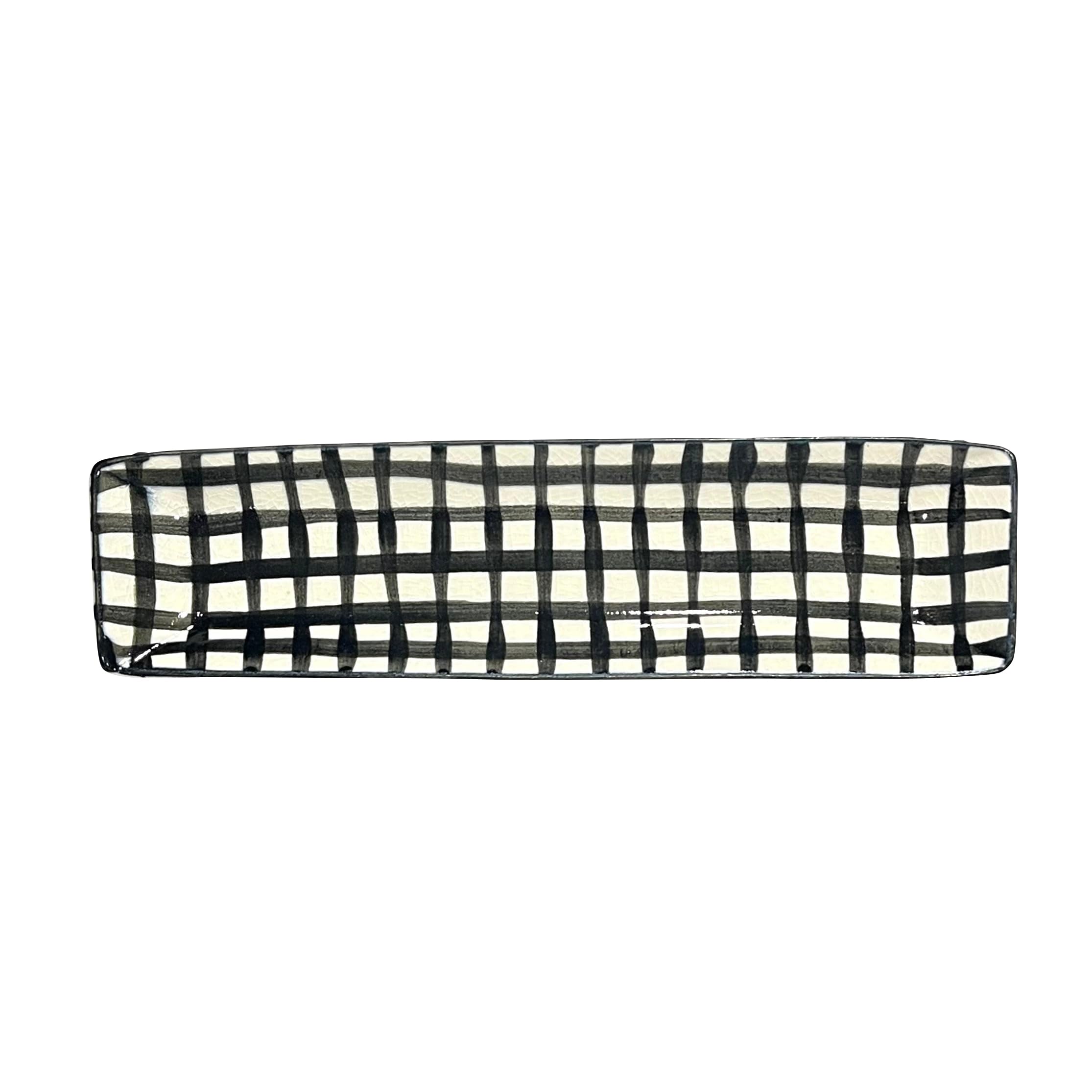 

24to3 Long Plate, Hand-Painted Check Pattern, Black, Narrow Plate, 26 x 7cm