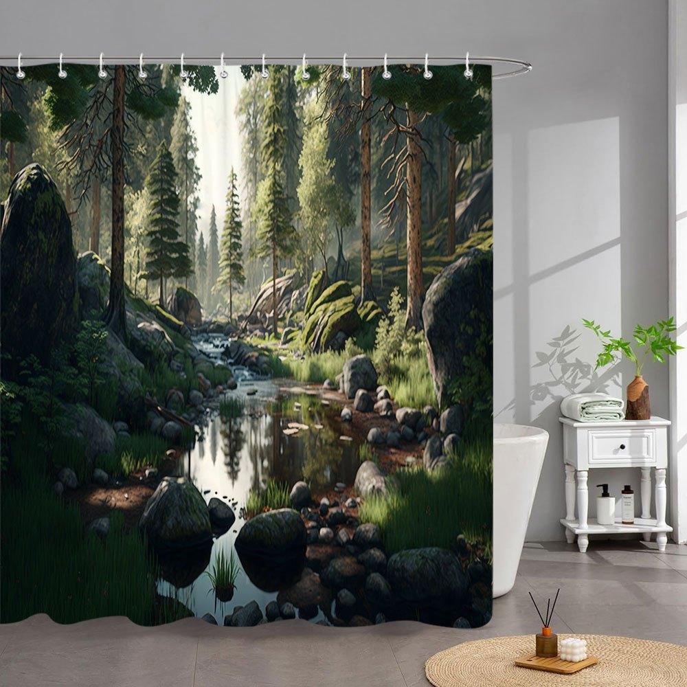 

1Pc Extra Long Forest Stream Shower Curtain - Large Bath Curtain With Sunlit Pine Forest, Moss-Covered Rocks & Stream W60H190(CM)-1 Pcs