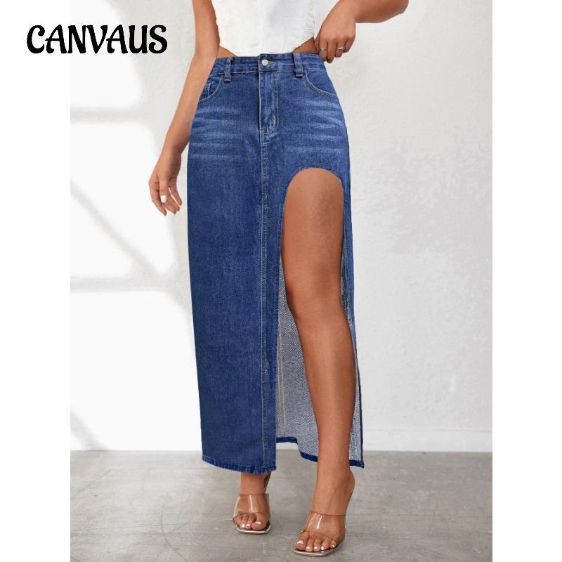 Letní dámská džínová sukně Vysoce rozdělená džínová sukně Jednobarevná Středně dlouhá sukně