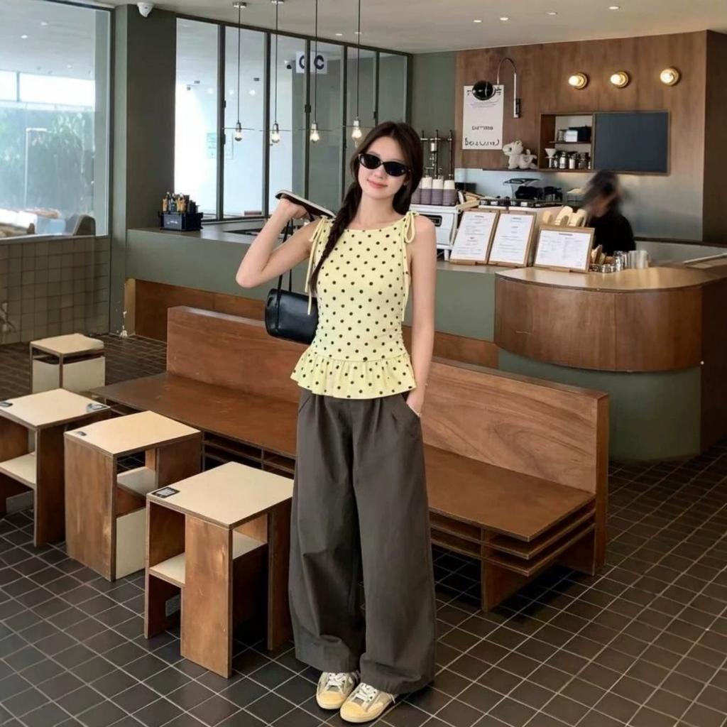 Human cotton, polka dot sling vest, women's summer sweet lotus leaf edge, slim and thin inside and outside, sleeveless top.