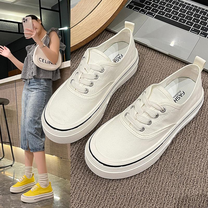 Thick Soled Women Canvas Shoes White Low Cut Casual Designer Sneakers with Versatile Straps