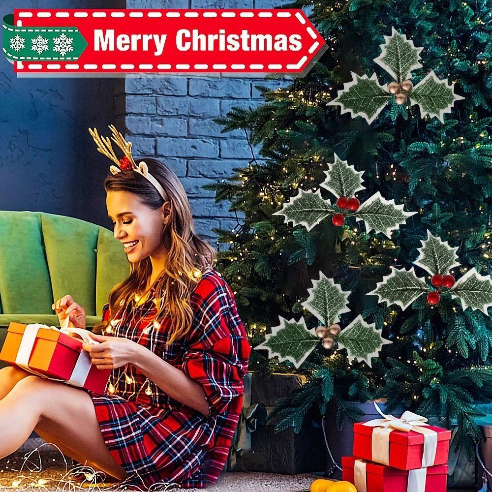 20pcs DIY Christmas Holly Leaves Plastic Fake Flowers Red Berries Flower with Green Leaves Artificial Wreath Ornaments