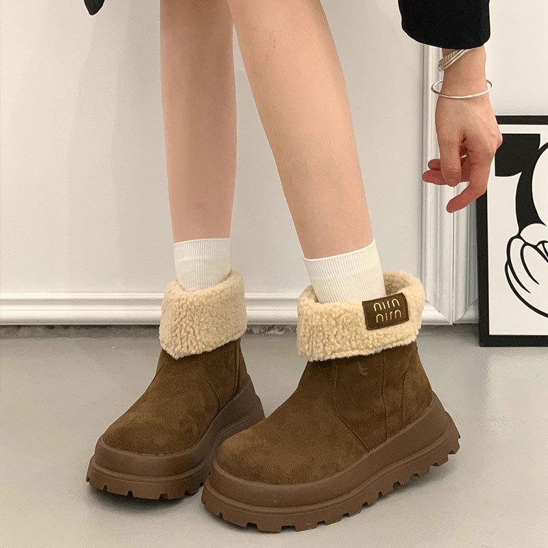 Real fur integrated snow boots women's winter new thick-soled heightened velvet warm one-pedal cotton shoes