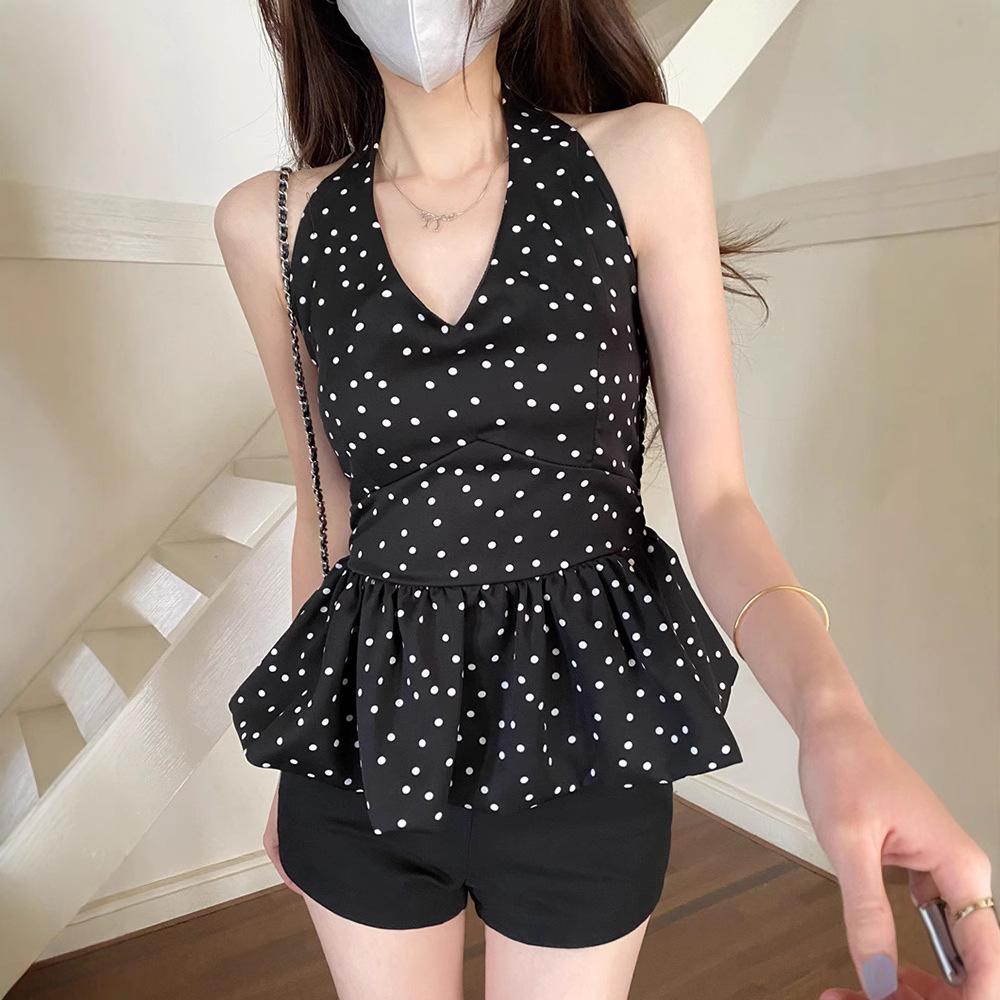 New Summer Women's Clothing, Japanese and Korean Spice Girls Fashion and Leisure Royal Sister Style Black Silk Polka Dot V-neck Doll Shirt Sleeveless