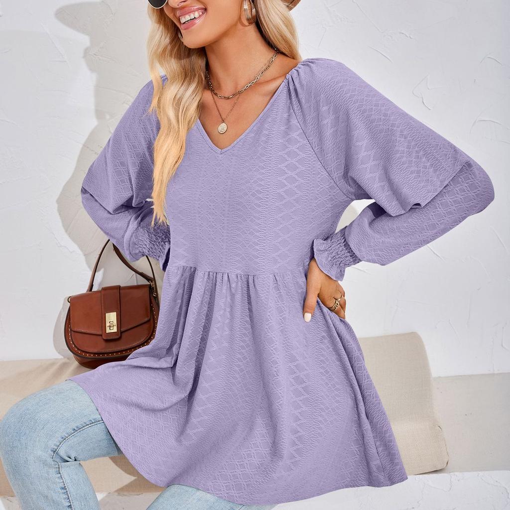 JKASHDK Damemote Uformelt vår Høst Ensfarget trykk Langermet bluser og skjorter med V-hals