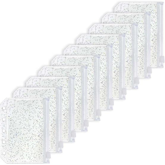 10pcs A5 Cash Stuffing Envelopes Zipper Binder Pockets Clear Glitter PVC 6 Hole Zip Sleeves Loose Leaf Pouches for 6 Ring Binder Planner (A5 5.91" x