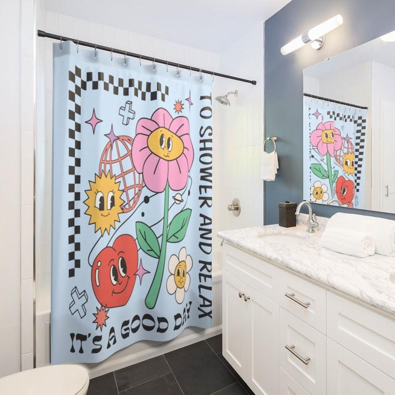 

Retro 70s Floral Shower Curtain - Blue Heart Flower, Disco Checkerboard, Unique Bathroom Decor, Cute Bath Gift W90XH180cm