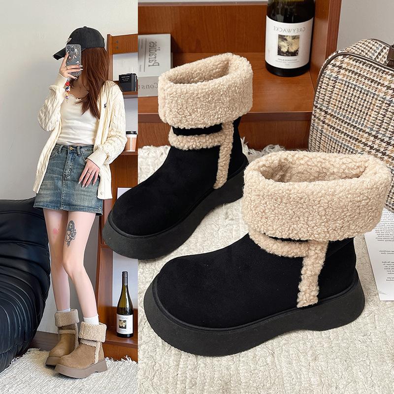 Women's Thick-soled Mid-calf Two-wear Winter Warm Fur an Inner Lining Plush Snow Boots Non-slip Wear Casual Sports Martin Cotton Boots