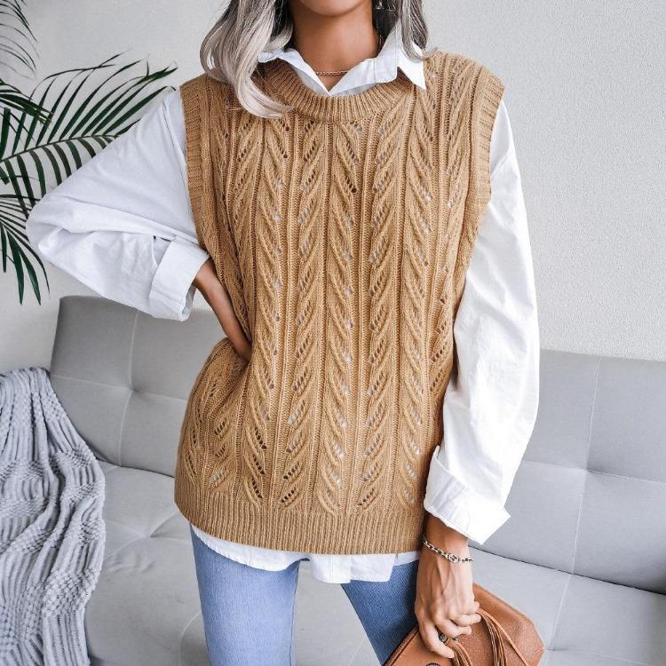 Fall Winter Women Sleeveless Crew Neck Solid Color Knit Sweater Tank Top with Cutout Leaf Design Sizes S To L