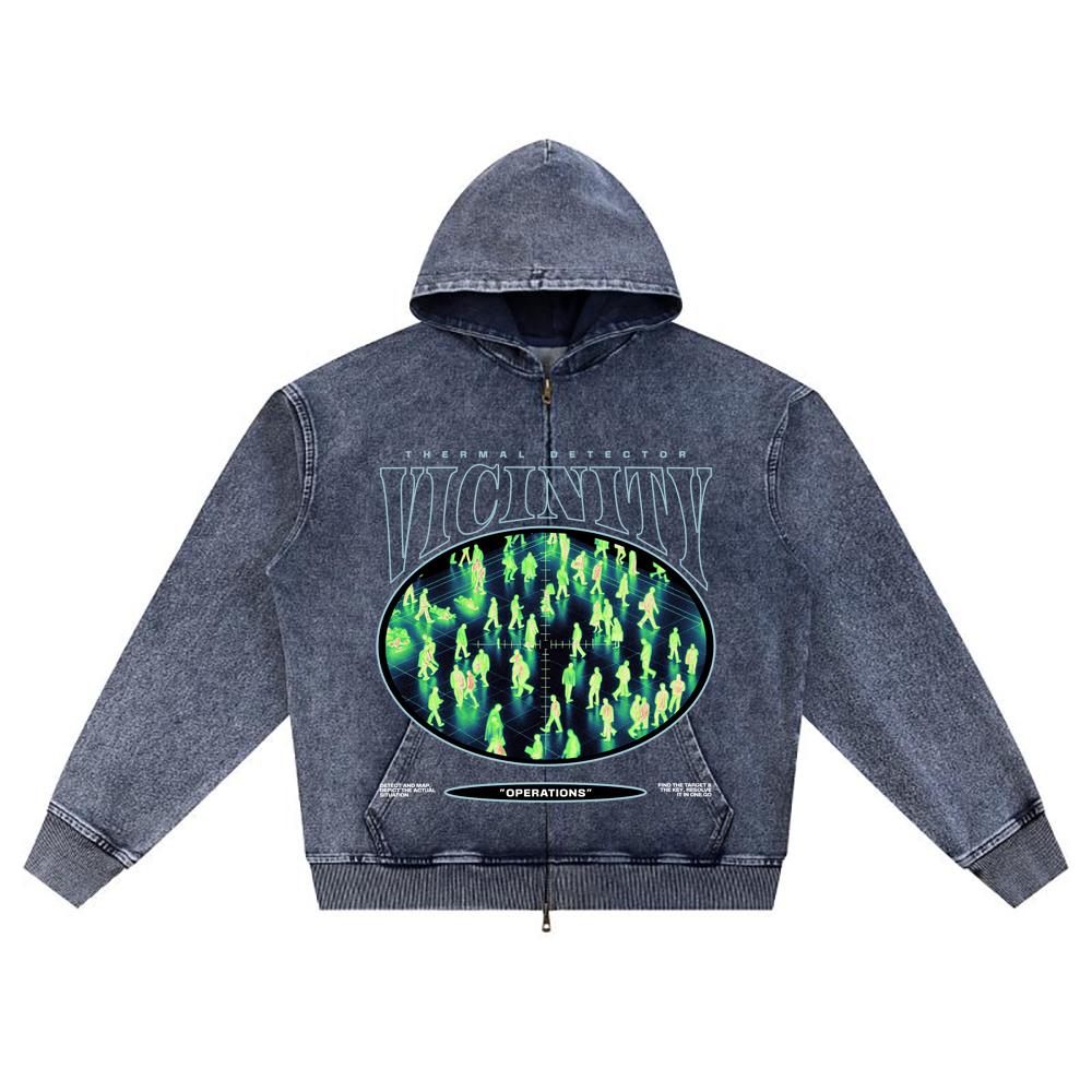 DTG Print Knitted Denim Zip-Up Hoodie Thermal Detector Brother Print Zipper Hoodies  