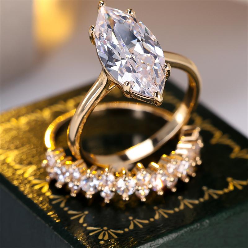 2 Pcs/set Golden Color Marquise Cut White Stone Ring Set Wedding Band Valentine's Day Jewelry