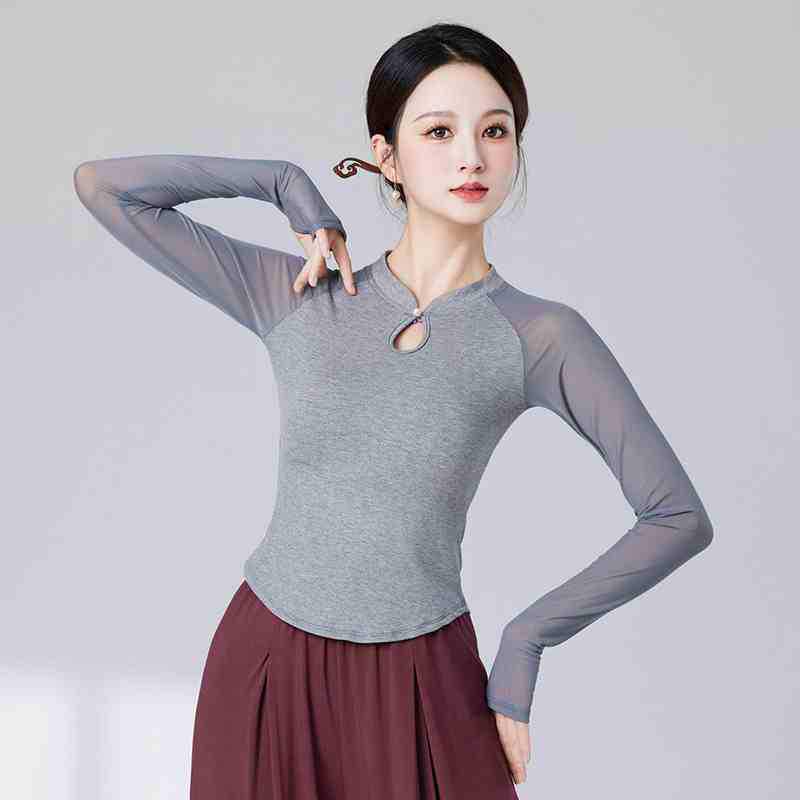 Women's Slim Fit Long Sleeve Stand Collar Dance Top - Versatile, Slimming, Classical Dance Practice Wear