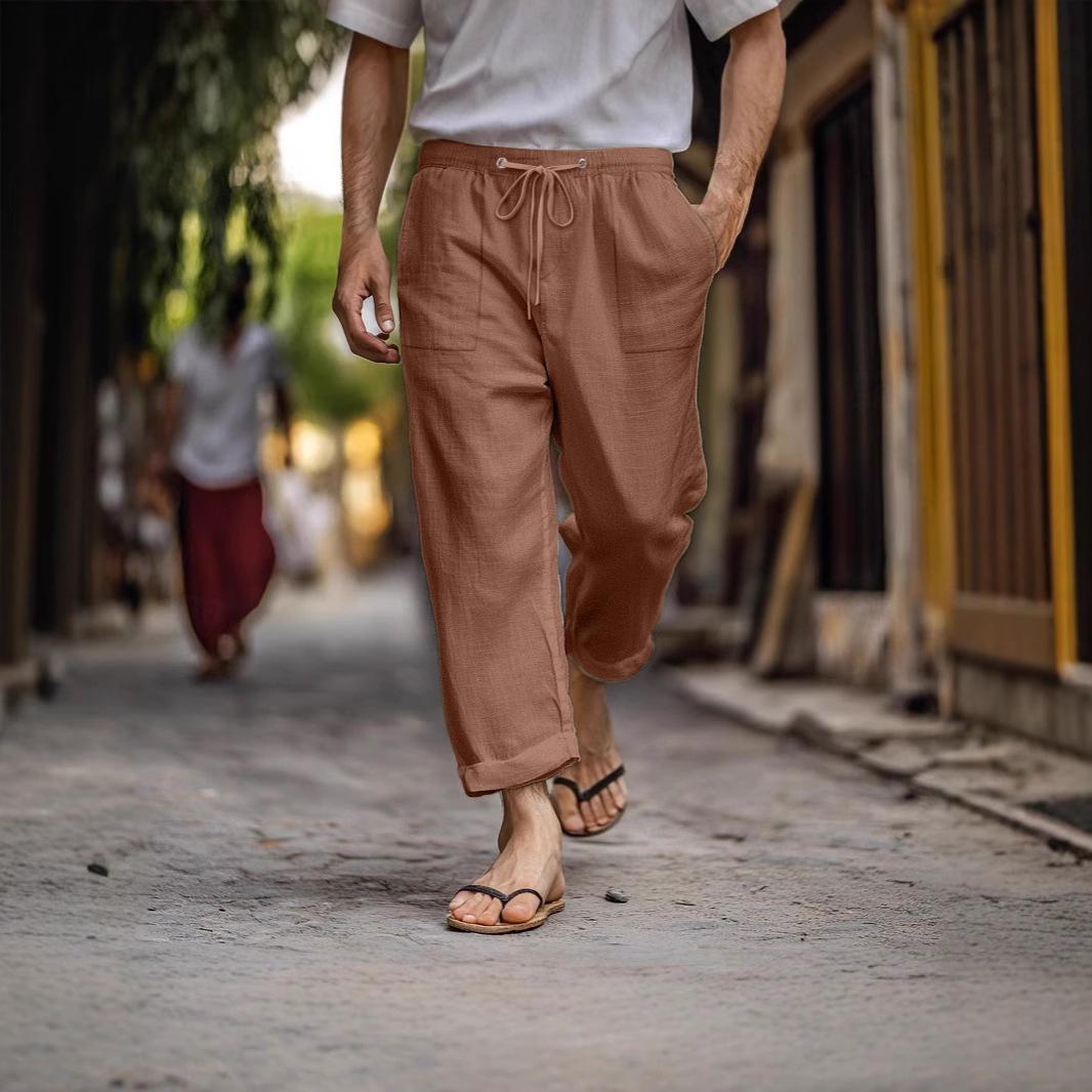 

New men s cotton linen multi-pocket drawstring casual trousers trend loose sports versatile trousers S білий