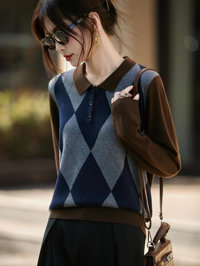Women's 2025 Autumn/Winter Retro Argyle Patchwork Polo Collar Knitted Sweater - Loose Casual Fit