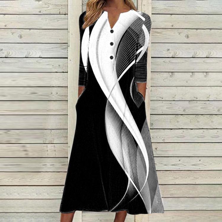 2023 Autumn Women Printed Maxi Dress Long Sleeve Open Chest Skirt Fashion Trendy