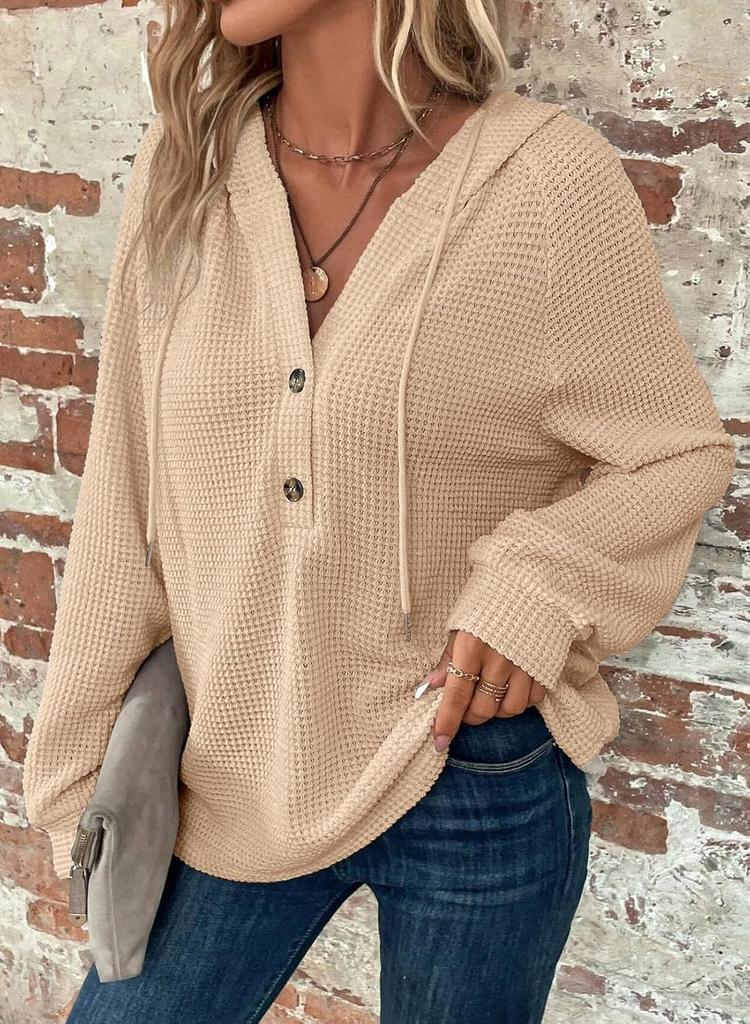 Women's Waffle Knit Hoodie V Neck Button Drawstring Hoodies Casual Long Sleeve Pullover Sweatshirt