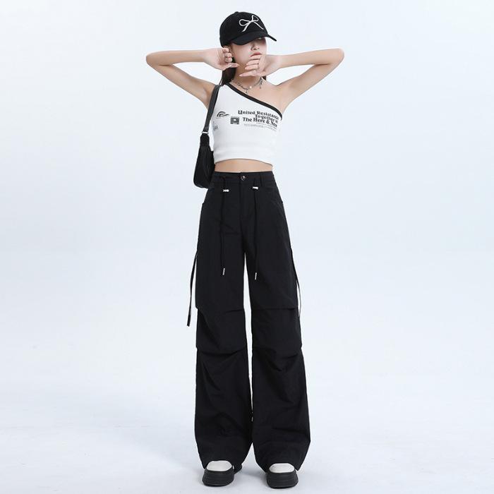 Women's High Waist Cargo Pants Wide Leg Trousers Quick Dry Drawstring Straight Pants Two Length Design Summer Casual Street Pants