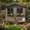Galvanized Steel Garden House 254.2x170.2cm (4.33 m²), Brown, with Two Openable Double Windows, Lockable Double Doors and Decorative Flower Rack