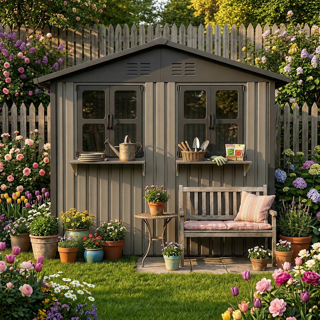 Galvanized Steel Garden House 254.2x170.2cm (4.33 m²), Brown, with Two Openable Double Windows, Lockable Double Doors and Decorative Flower Rack