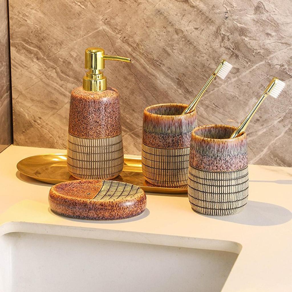 4-Piece Ceramic Bathroom Accessory Set with Tumbler, Lotion Dispenser, and Soap Dish, Stylish Home Decor
