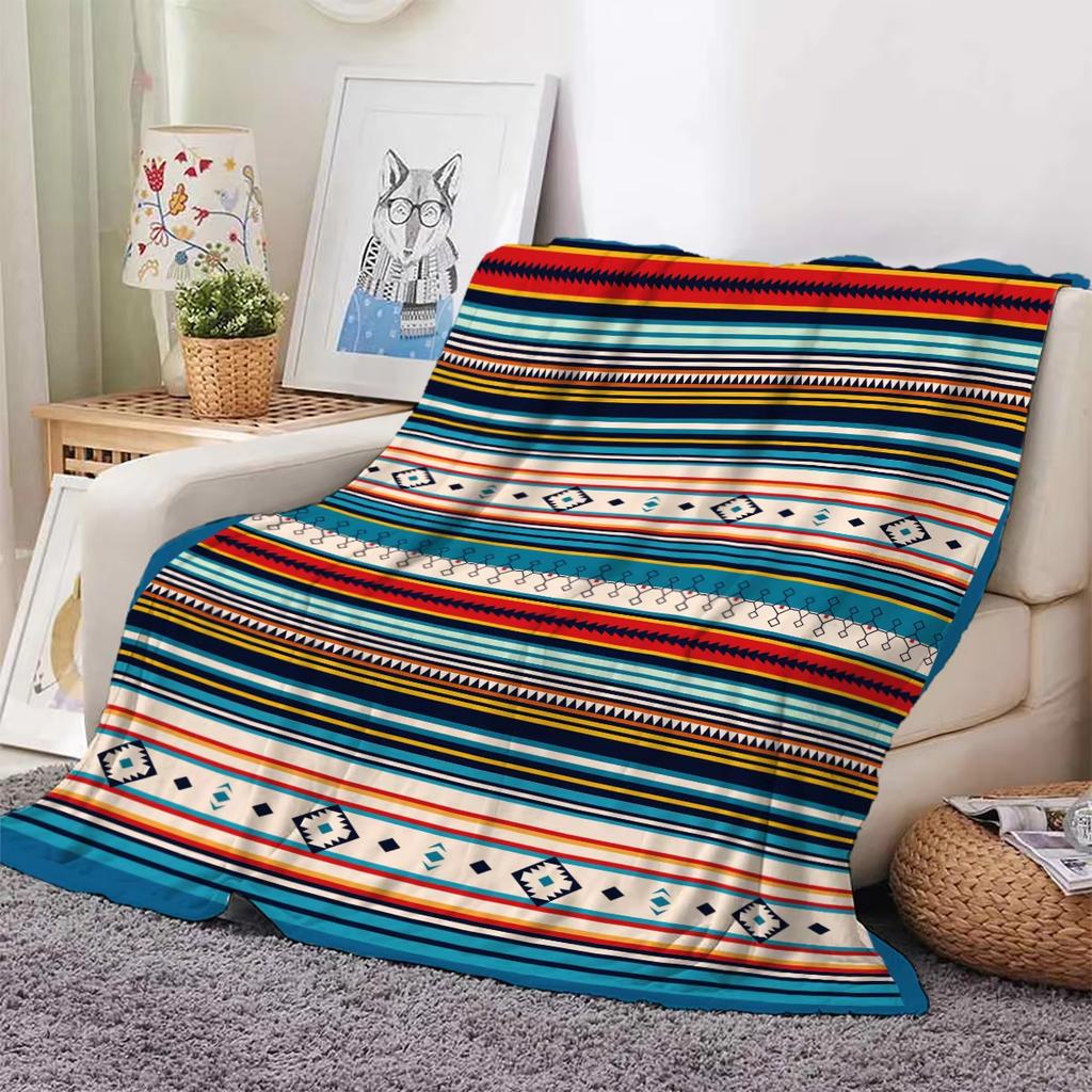 1PC Bohemian Stripes Flannel printed blanket suitable for all seasons suitable for living room office sofa and travel