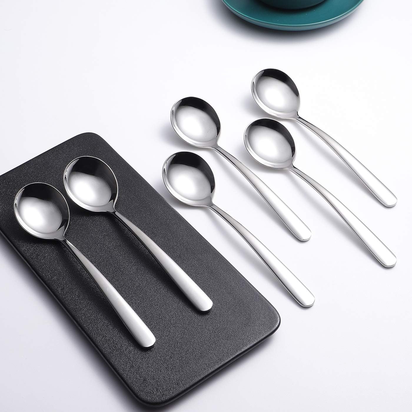 

Soup Spoons 6-Pack 18/10 Stainless Steel Big, Large and Heavy Duty Round Spoons Elegance Series 7.7 Inch Long 2.2 Ounces Weight by IRONX (biggest