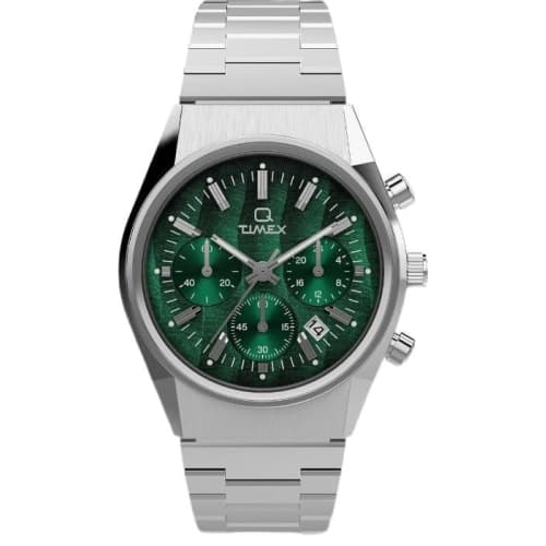 TIMEX Men's Q Watch TW2W33600, Quartz Movement, 5 ATM Water Resistant, Plastic with Green Dial and Stainless Steel Case
