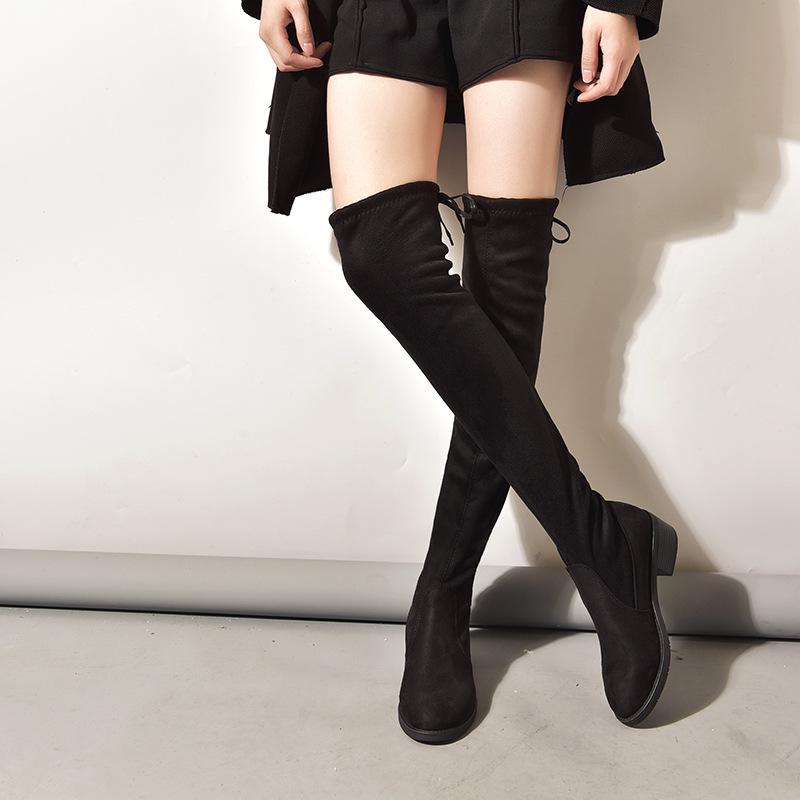Autumn/Winter Women's Elastic Boots - New Soft Leather Knight Boots with Thick Heels, Round Toe, and Medium Height.