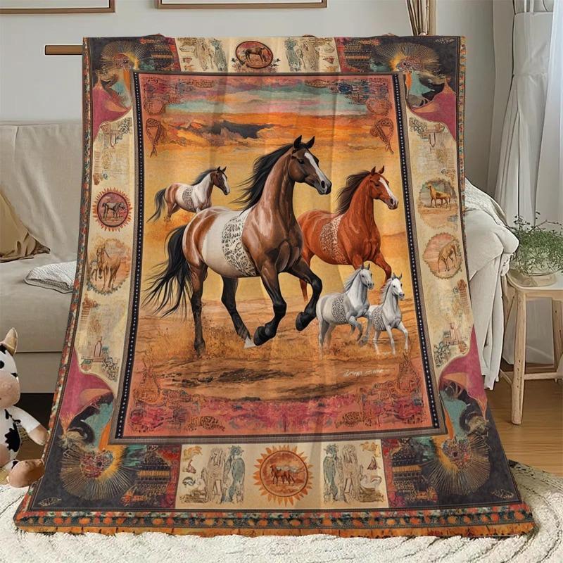Flannel Throw Blanket Majestic Horse Collage Print Soft Warm Naptime Blankets All Season for Sofa Bed Home Decor Ideal Gift