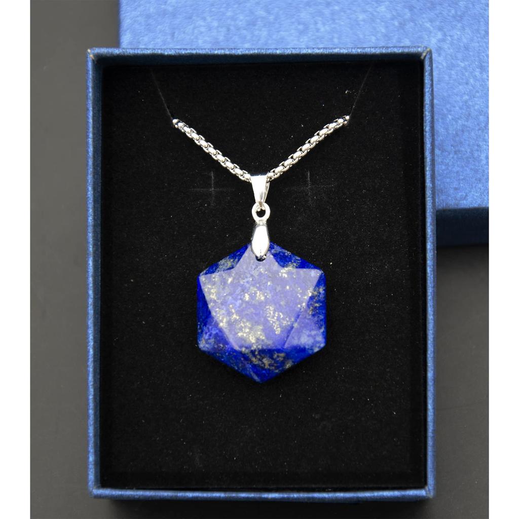 Echte lapis lazuli sechseckige Stern Halskette Heilkristall Anhänger, Verstellbare Naturstein Halskette Reiki Quarz Schmuck Unisex, Edelstahl