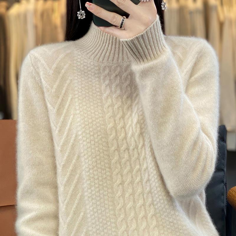 Autumn Winter Knit Top Women Loose Cropped Base Layer Semi High Neck Outerwear Pullover Sweater