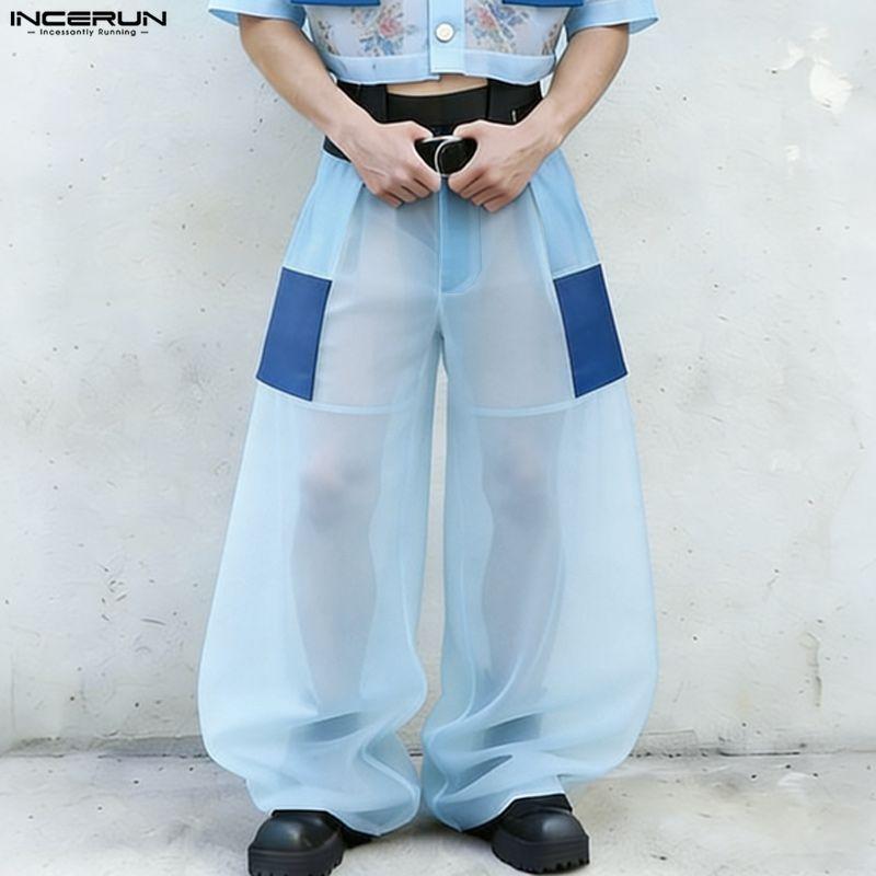 INCERUN Men High Waist Zip-up See Through Perspective Party Long Pants Trousers