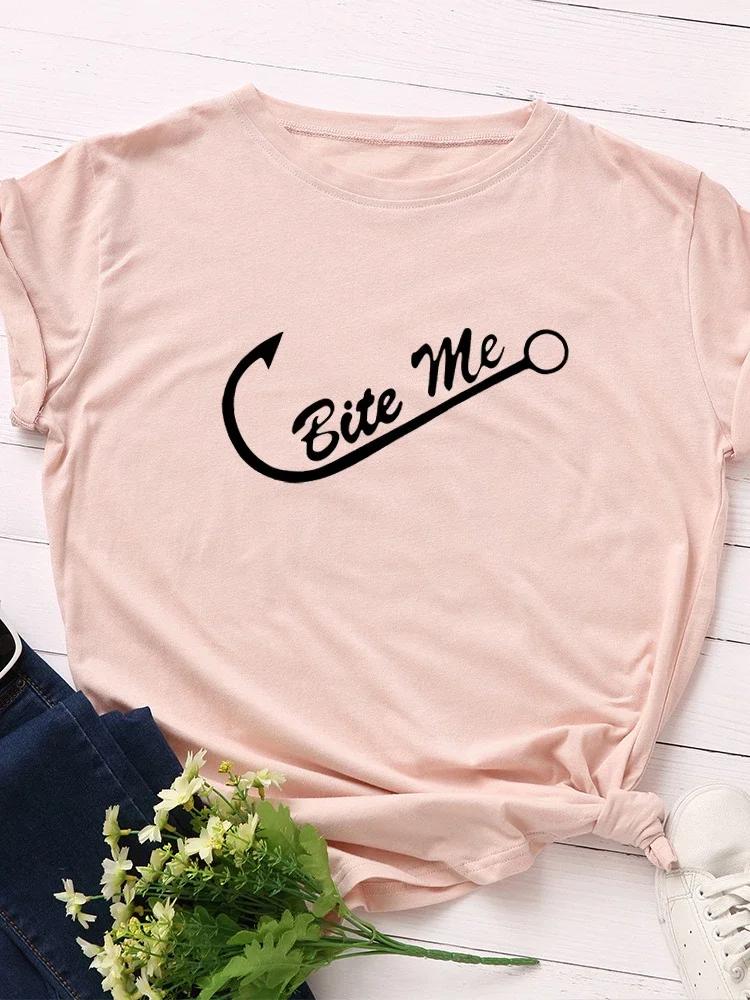 Bite Me Fiskkrok Tryck Dam T-shirt Kortärmad O-hals Lös Dam T-shirt Dam T-shirt Toppar Kläder Camisetas Mujer