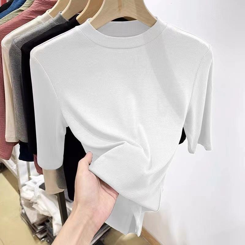 

Европейские товары, сплошной цвет, полувысокая шея, рукав с пятью точками, футболка со средними рукавами, женские летние новые облегающие леггинсы для выступлений, топ XL белый