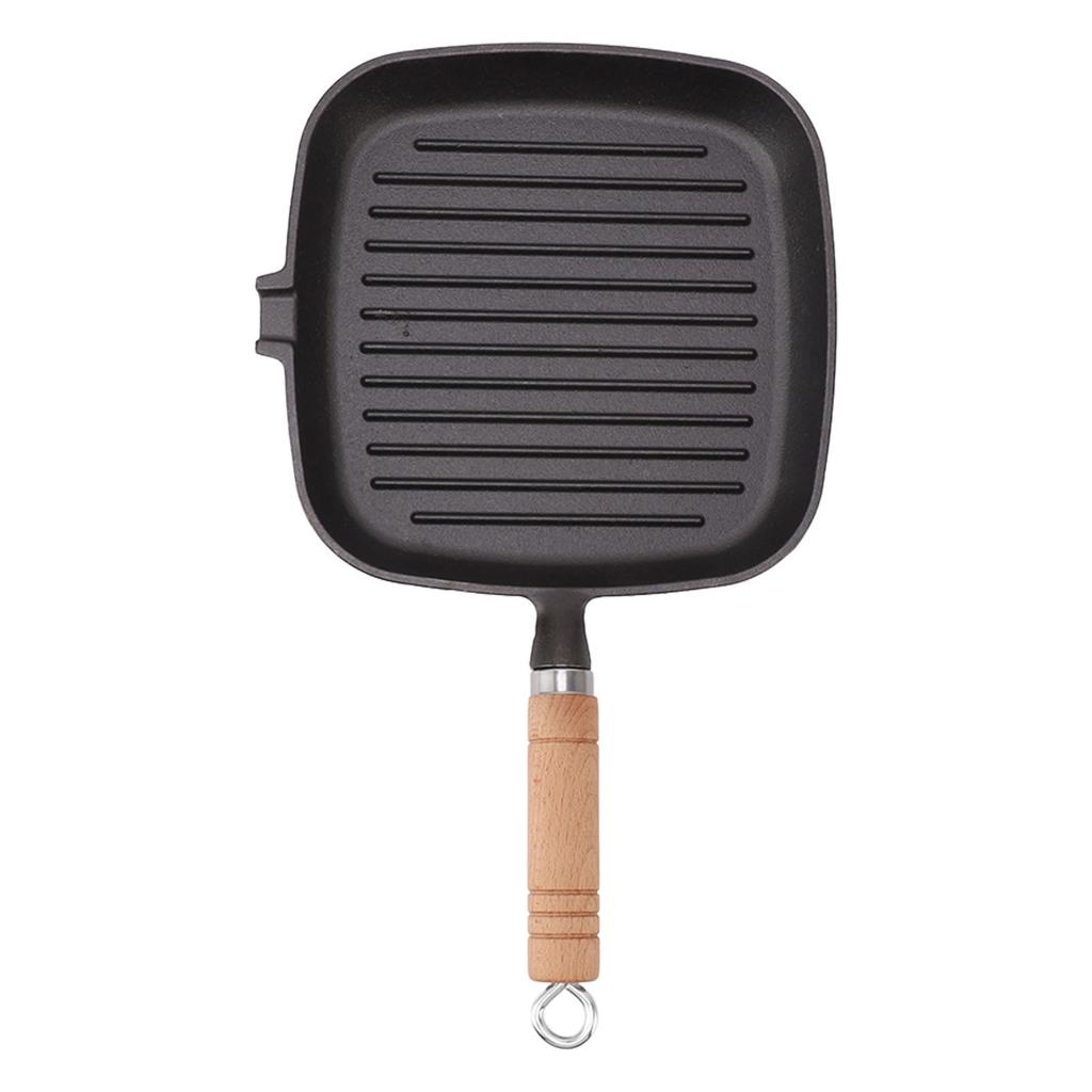 Cast Iron Skillet with Wooden Handle Square Uncoated Nonstick Cast Iron Grill Pan for Meats Steak Fish