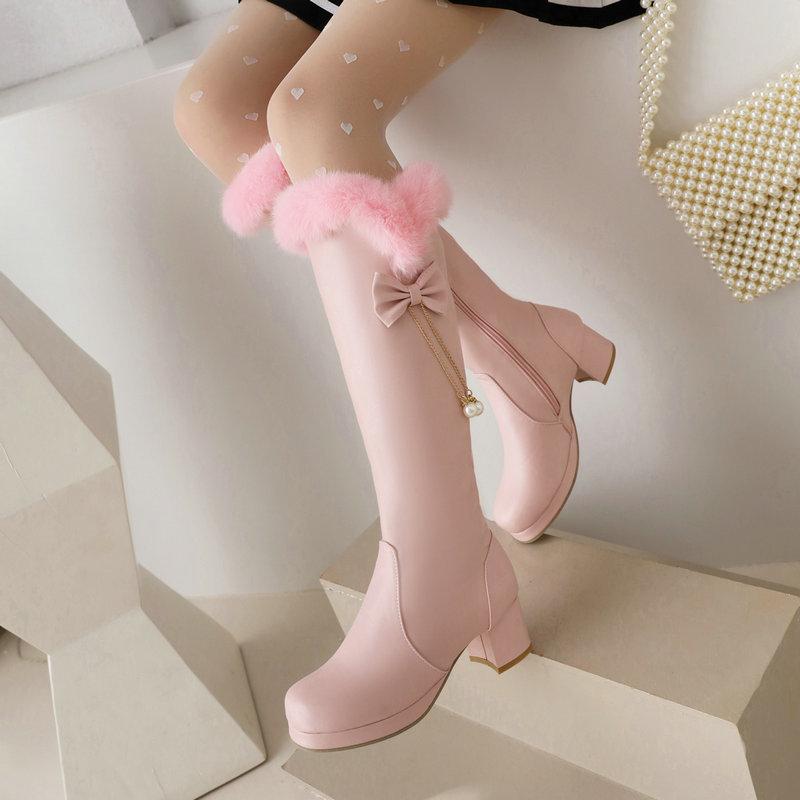Women's long boots for autumn and winter new rabbit fur high-heeled high leg women's boots with plush cotton boots