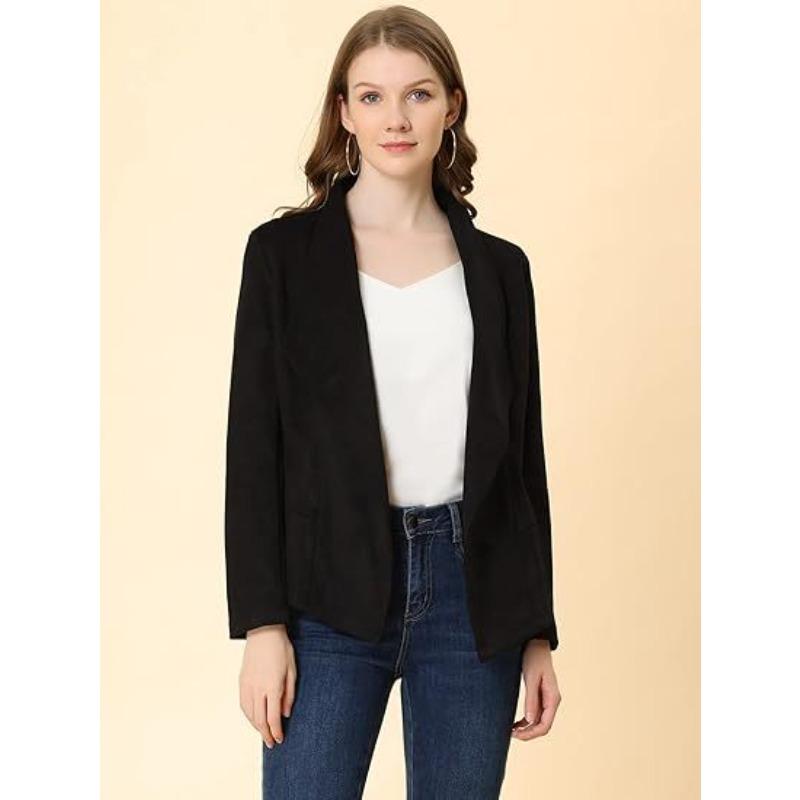 women s Solid Color Faux Suede Lapel Collar Long Sleeve Open Front Short Slim Fit Casual Blazer Jacket S чёрный