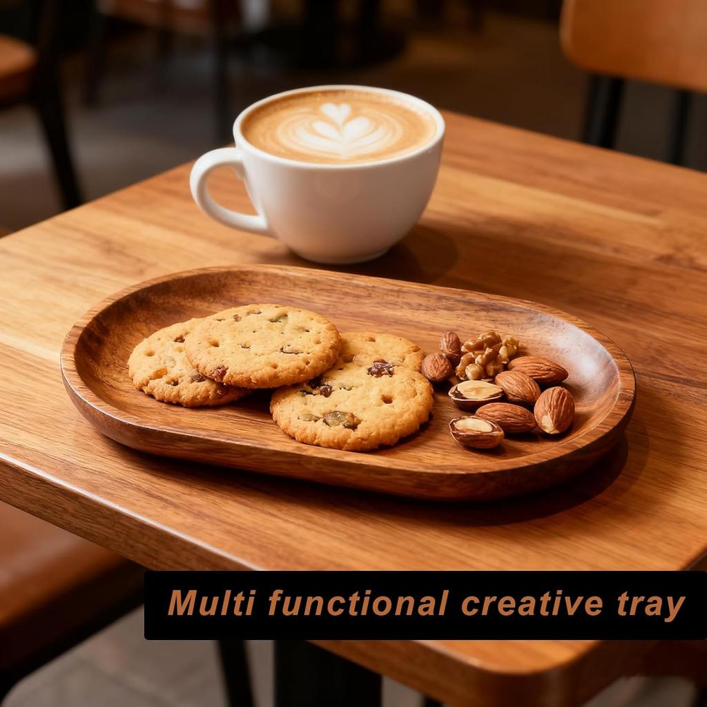 Small Wooden Tray, 7.28''×4.13'' Oval Wood Serving Trays, Acacia Wood Platter for Coffee Tables, Dessert, Snack, Fruit, Bathroom Tray Charcuterie