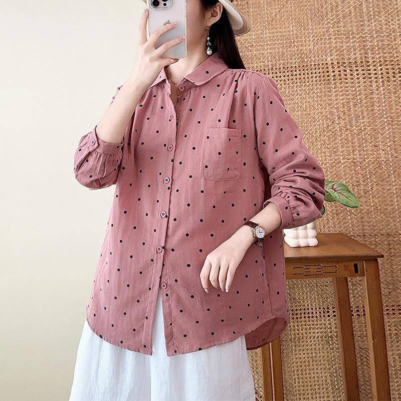 New Cotton Double-layer Cotton Yarn Printed Polka Dot Shirt Women's Korean Lazy Loose Simple Design Long-sleeved Shirt