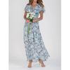 Neues Strand-Langenrock-Chiffon-Blumenmuster-Kurzarm-Rüschen-V-Ausschnitt Modisches Taillenraffungs-Kleid