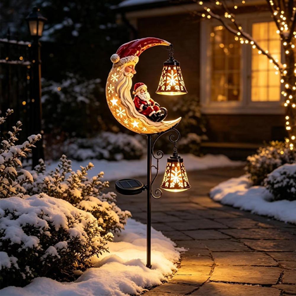 LED Glowing Christmas Moon Solar Stake Light Waterproof with Bell Xmas Garden Stake Lamp Solar Powered Hollow Lantern
