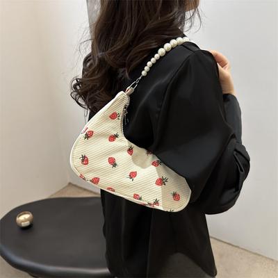 Sac à main en velours côtelé pour femme, joli petit sac à fraises, sac d'été à une épaule, sac à perles