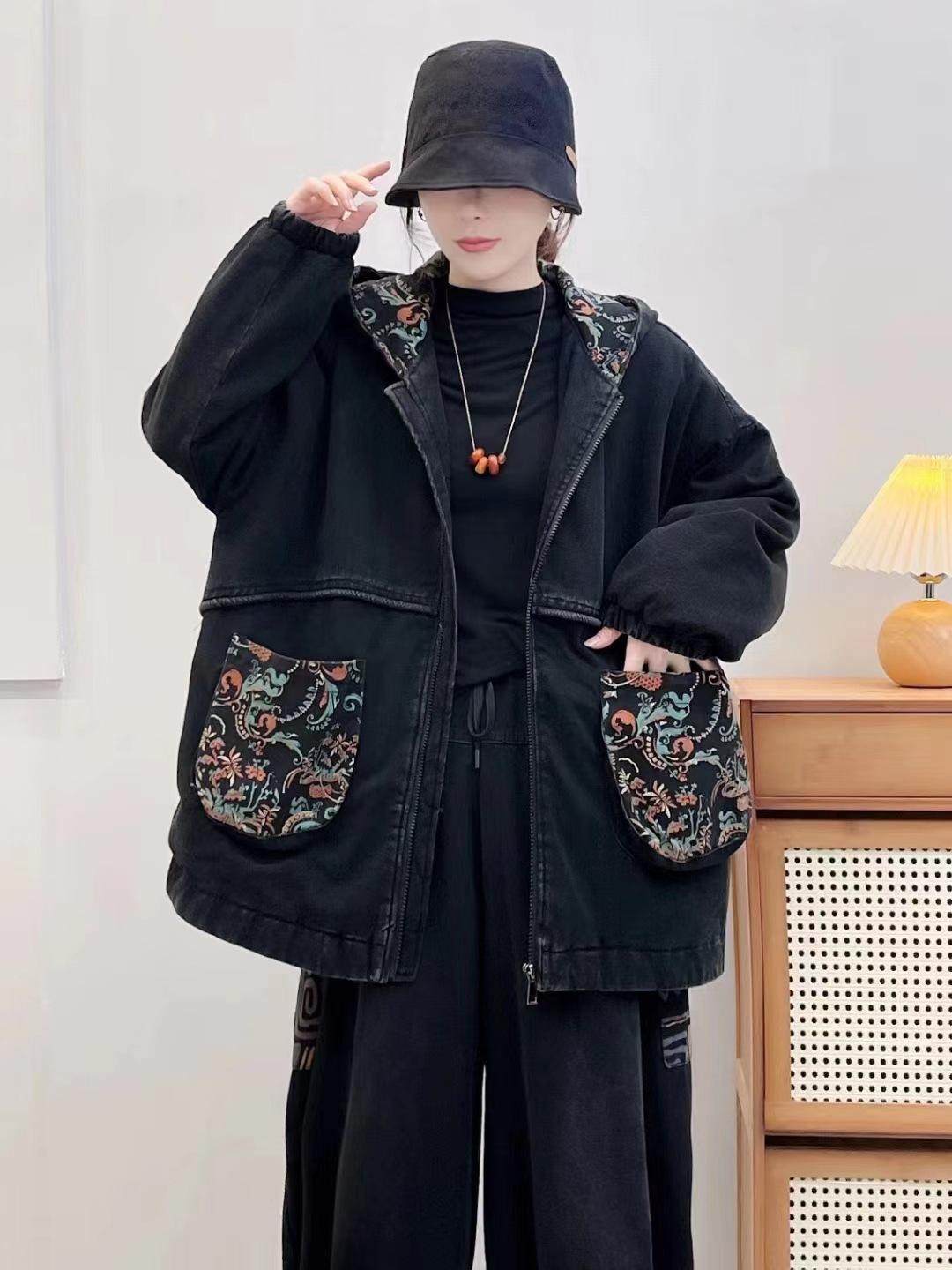 

2025 осень новый джинсовый принт карманный топ модный длинный рукав черный высококлассный универсальный удобный свободный плащ Average size