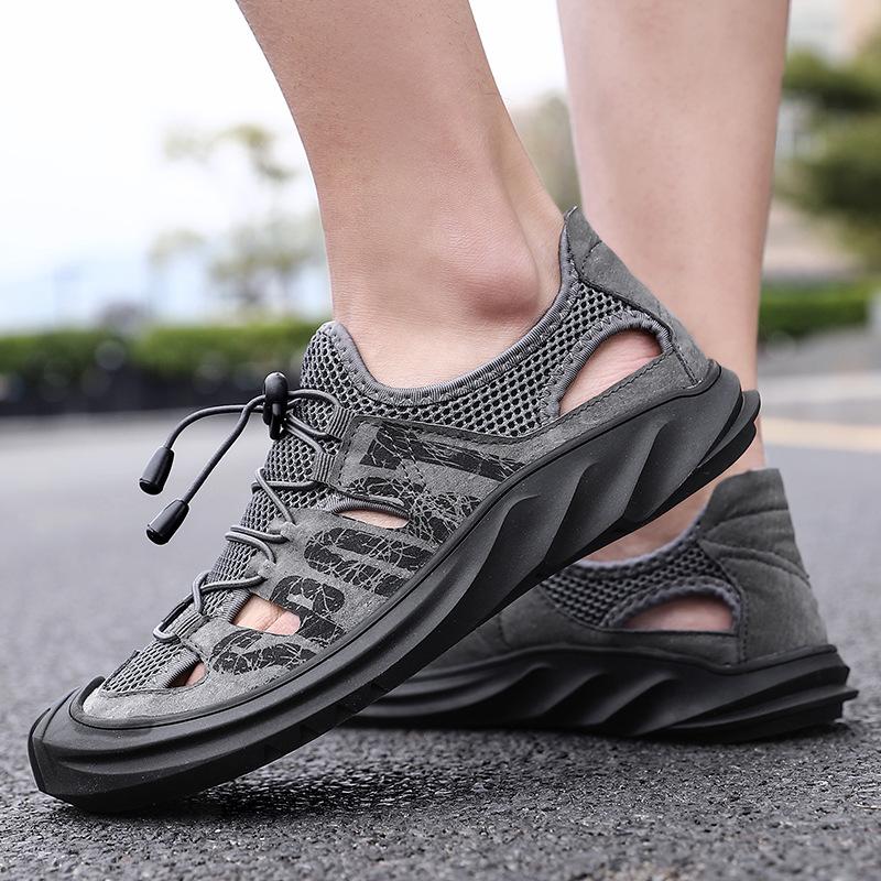 Leather sandals men's summer soft bottom with holes mesh bag head beach sports casual shoes large size breathable hole shoes tide